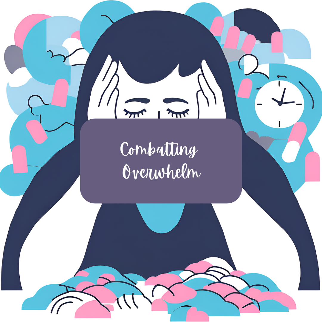 overwhelmed person with words in front